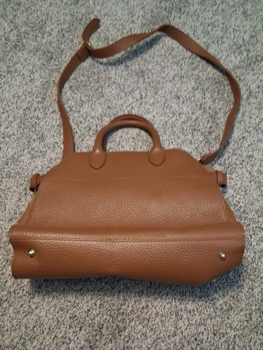 Structured Tan Pebble Leather Satchel with Top Handle & Strap